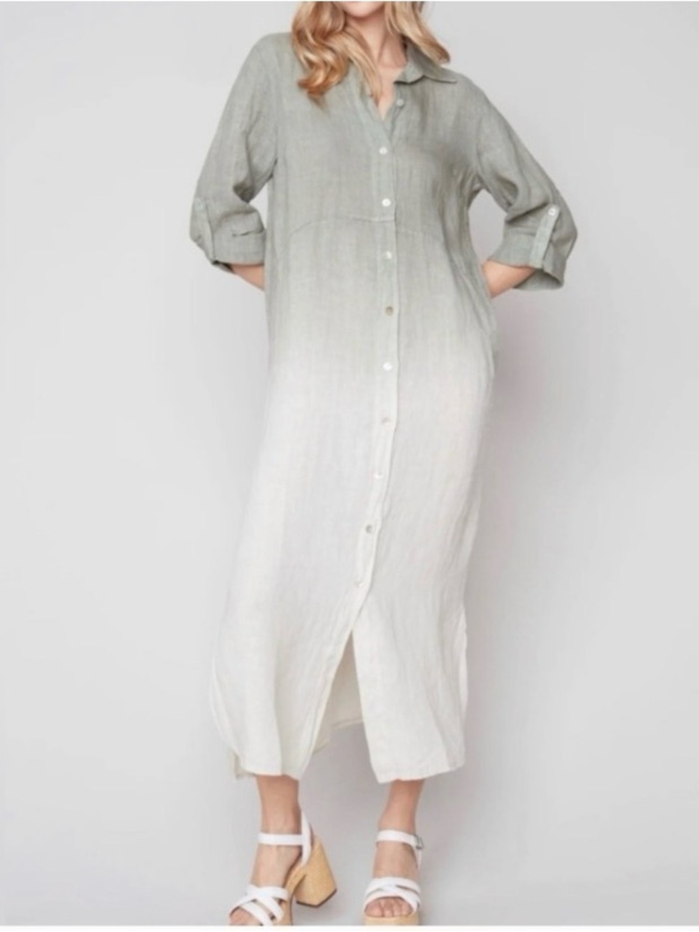 CHARLIE B Sage-to-Ivory Ombre Button-Front Linen Maxi Dress